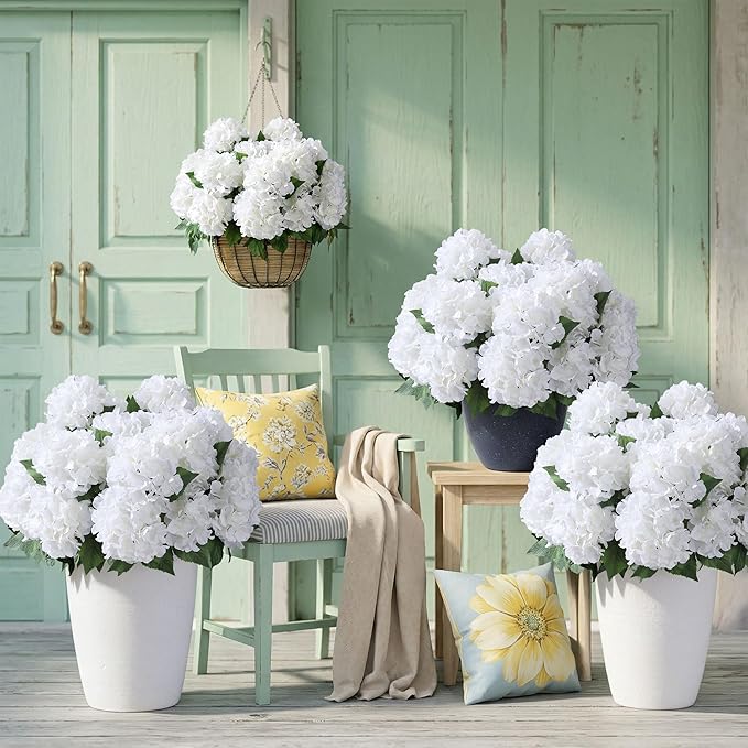 Ivydale Artificial Flowers for Outdoors, 4 PCS White Fake Silk Hydrangea Flower Stems for Bouquets UV Resistant Realistic Faux Plants Home Outdoor Wedding Party Centerpieces Decor