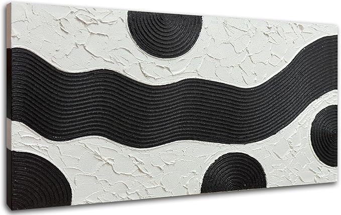 zoinart Hand-Painted Black and White Abstract Oil Paintings Modern Canvas Wall Art, Minimalist Texture Artwork for Living Room Bedroom Office Wall Decor Ready to Hang
