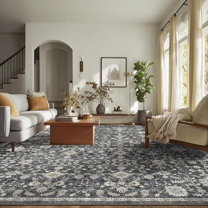 Washable Rugs for Living Room: 8x10 Area Rugs for Bedroom Ultra Soft Non-Slip Stain Resistant Vintage Boho Large Carpet for High-Traffic Dining Room - Farmhouse Decor