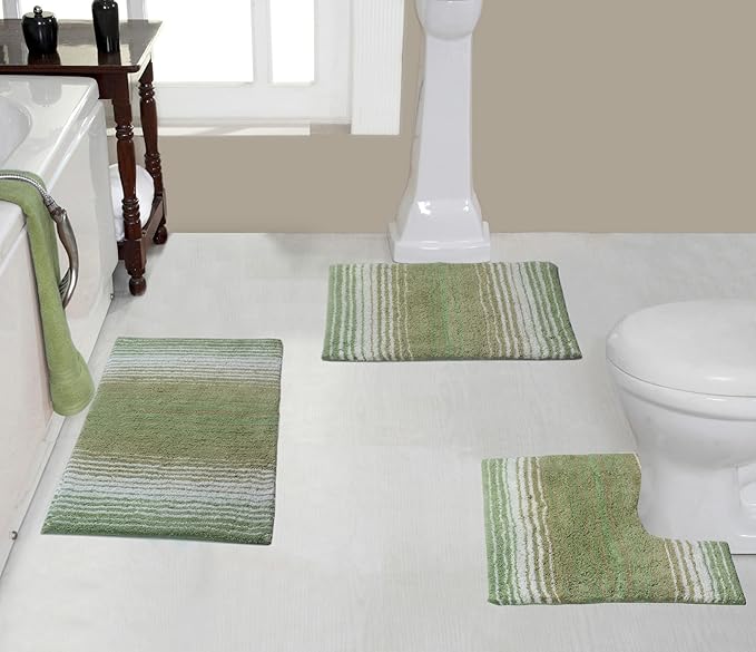 Home Weavers 100% Cotton Gradiation Collection Bathroom Décor | Washable Rug | Bathroom Mat | Kitchen Mat | Bathroom Rug Set | Bath Mat Set | Bath Floor Mat Non Slip, 3 Piece Set with Contour, Sage