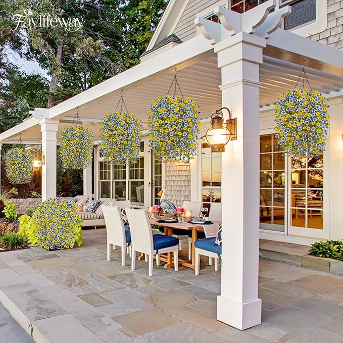 Artificial Hanging Flowers for Outdoors Spring Summer Decoration, 4PCS UV Resistant Silk Fake Hanging Plants for Patio Porch Front Yard Window Garden Indoor Decor(Blue&Yellow,4PCS)