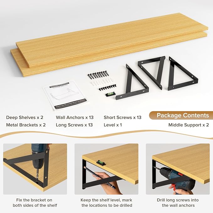 Acovy Deep Floating Shelves Wall Mounted, 48"x12" Oak Wall Shelves with Brackets Set of 2 for Bedroom, Living Room, Bathroom, Kitchen, Office - Storage & Display Shelf for Decor, Books, Plants