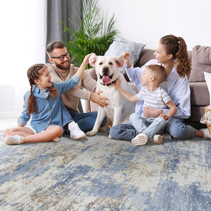 6x9 Area Rugs for Living Room Rug Washable: Modern Rug for Dining Room Bedroom Carpet Non Slip Low Pile 6 by 9 Indoor Abstract Nursery Home Office Blue