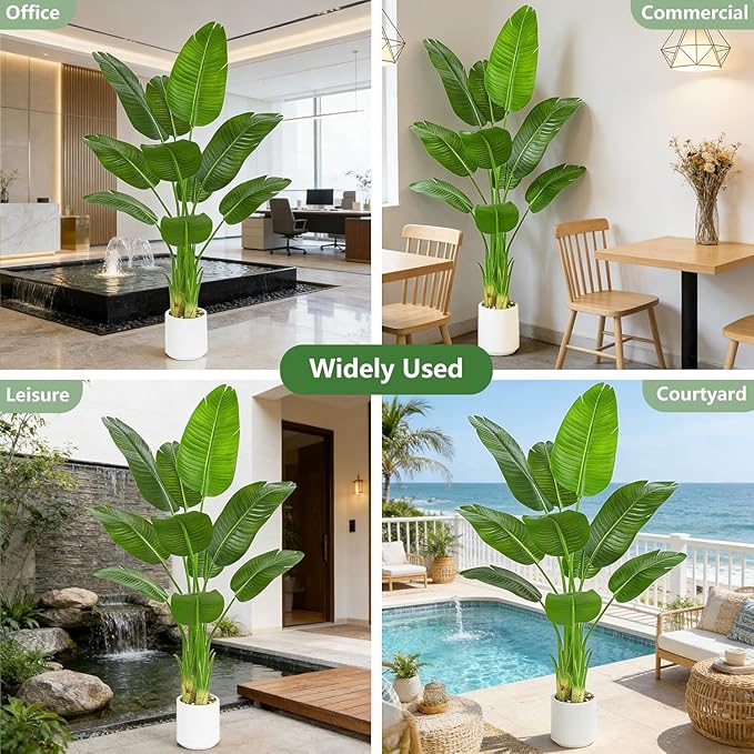 Pack 2 Artificial Bird of Paradise Plant 5FT Fake Palm Tree Faux Plants in White Pot Artificial Tree Fake Plant for Indoor Outdoor Modern Decoration for Home Living Room Office