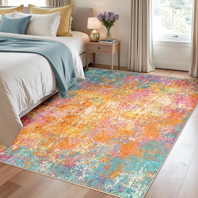RELEANY Washable Area Rugs 4'x6' Non-Slip Modern Abstract Soft for Living Room Entryway Bedroom Nursery, Print Pattern, Orange Blue Pink Yellow Colorful
