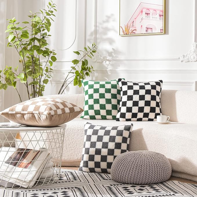 WACOMECO Decorative Throw Pillow Covers - Soft Sherpa Checkerboard Cushion Covers Faux Fur Pillow Cases for Sofa Bedroom Livingroom Car, 18 x 18 in, Grey and Off White