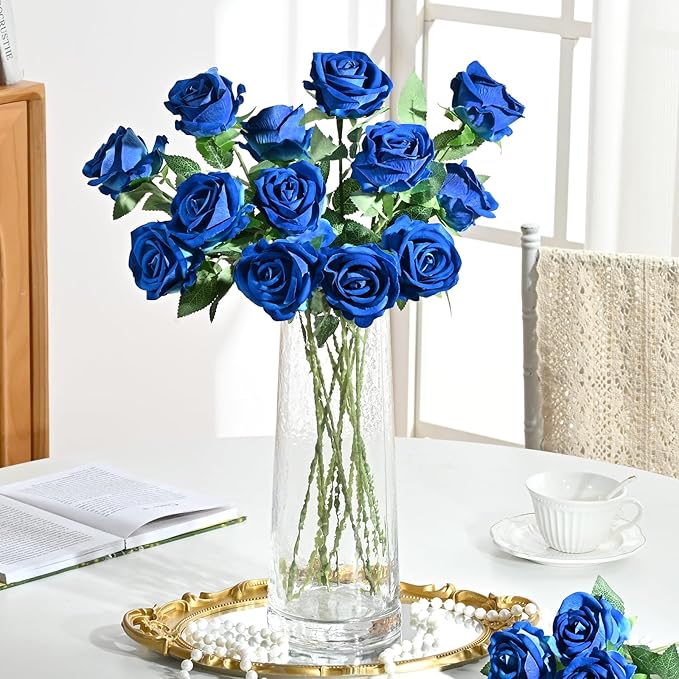 Waipfaru 50 Pcs Blue Roses, Fake Roses Artificial Velet Flowers for Valentines Mothers Day Wedding Centerpieces Decor (Royal Blue)