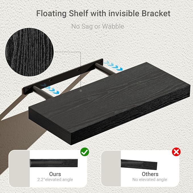 Vivelove Floating Shelves for Wall 6.7" Deep Wall Shelves with Invisible Brackets for Bedroom, Bathroom, Living Room, Kitchen, Office- 16”wx6.7”dx1.4”h, Set of 2, Black