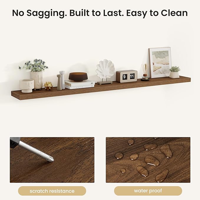 Fun Memories Rustic Wood Floating Shelves for Wall, Space-Saving Wall Mounted Shelves for Bathroom, Bedroom, Living Room and Kitchen, Stylish Storage & Display (Set of 2, Walnut, 72 in)