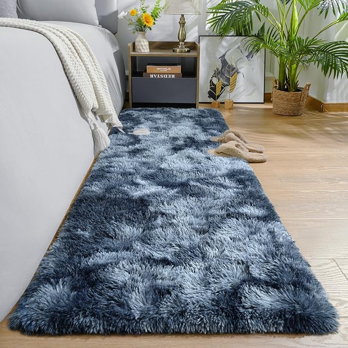 AROGAN Shag Carpets 2x6 Rug for Hallway, Washable Rugs Runners with Memory Foam for Bedroom, Entryway Indoor Fluffy Throw Rug for Beside Kids Girls Nursery Dorm, Blue and Grey