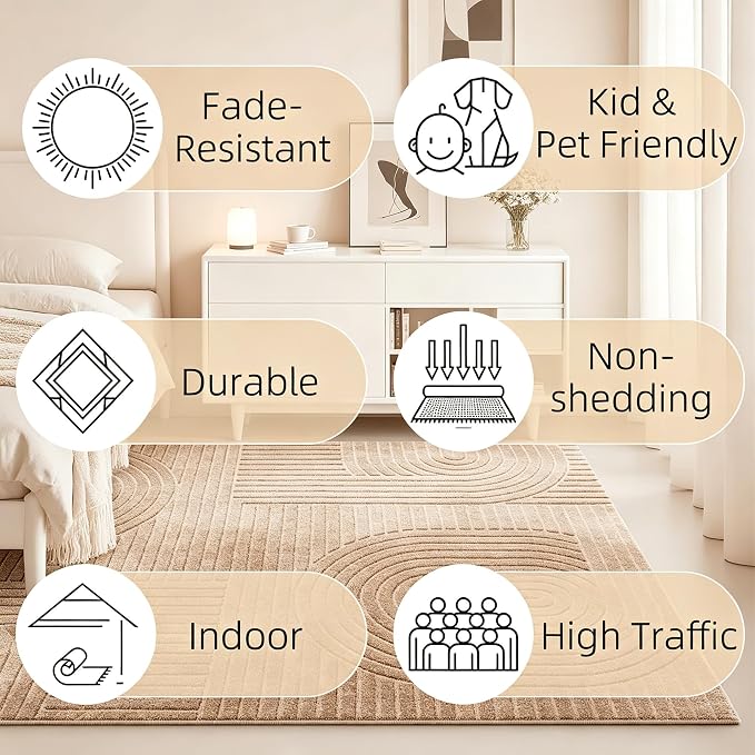 Brown Geometric 5x7 Solid Area Rug, Washable for Living Room Bedroom | Ultra Soft Thick Boho High-Low Pile Texture Indoor Carpet, Fluffy, Non-Slip Rugs for Bedroom, Kids Room, Nursery, Home Office