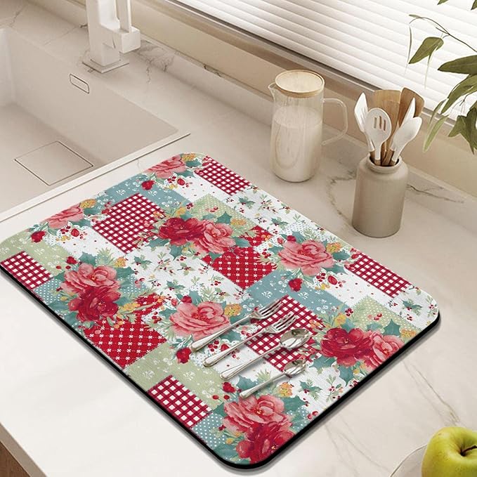 Coffee Bar Mat Accessories for Countertop Absorbent Anti-Slip Silicone Pioneer Flower Dish Drying Mats for Kitchen Counter Draining Pad Decor Gift Fit Coffee Maker Coffee Pot Espresso Machine 24x18in