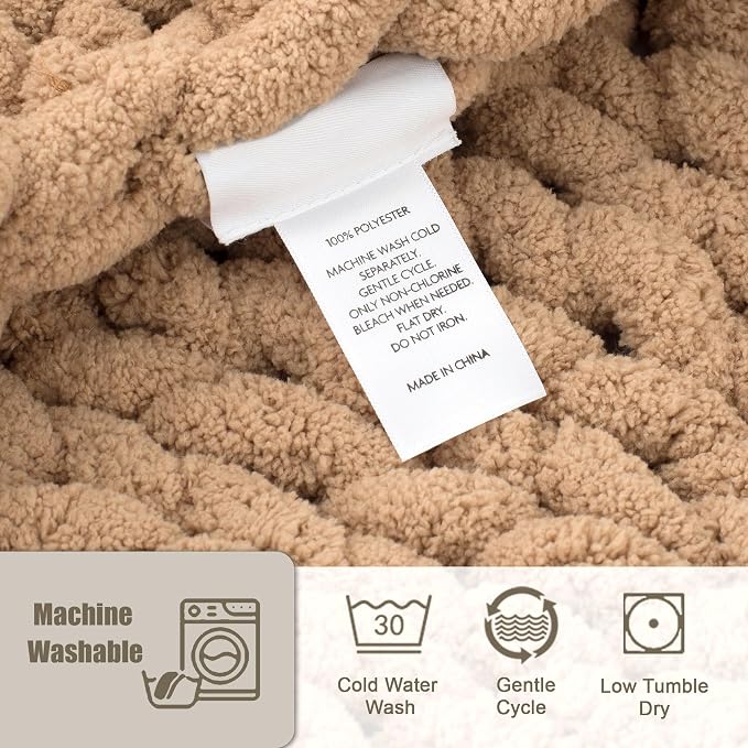 Chunky Knit Throw Blanket 60x80, 100% Handmade Chenille Yarn | 6.7lbs Soft Thick Cable Knitted Blankets, Large Rope Knot Crochet Throws for Couch Sofa Bed Machine Washable, Tan Brown