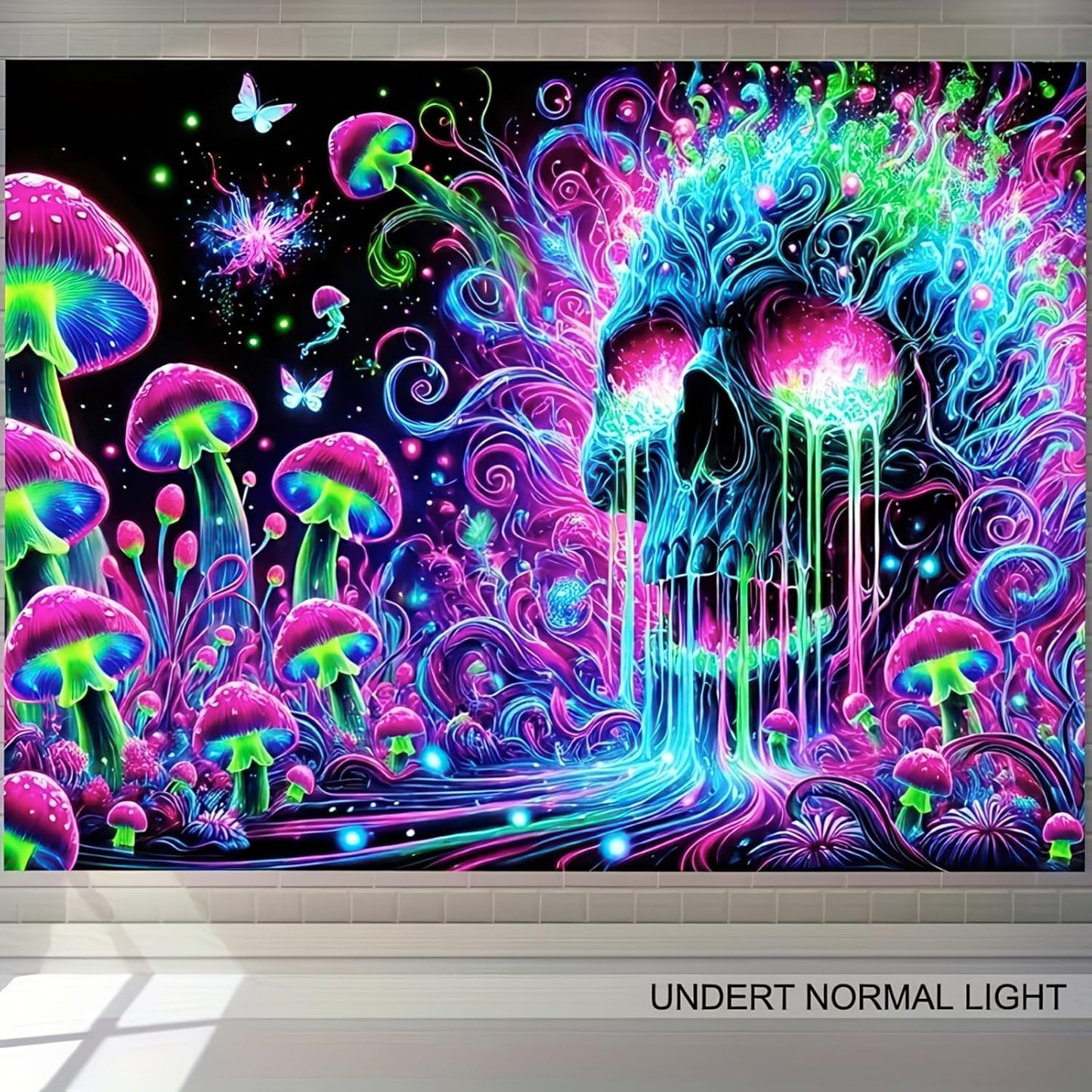 BlissYard Glowing Tapestry Blacklight Skull Tapestry 78x59 Inch Psychedelic Skull Mushroom UV Reactive Neon Mushroom Galaxy Space Tapestry Wall Hanging for Living Room Bedroom Party Backdrop Decor