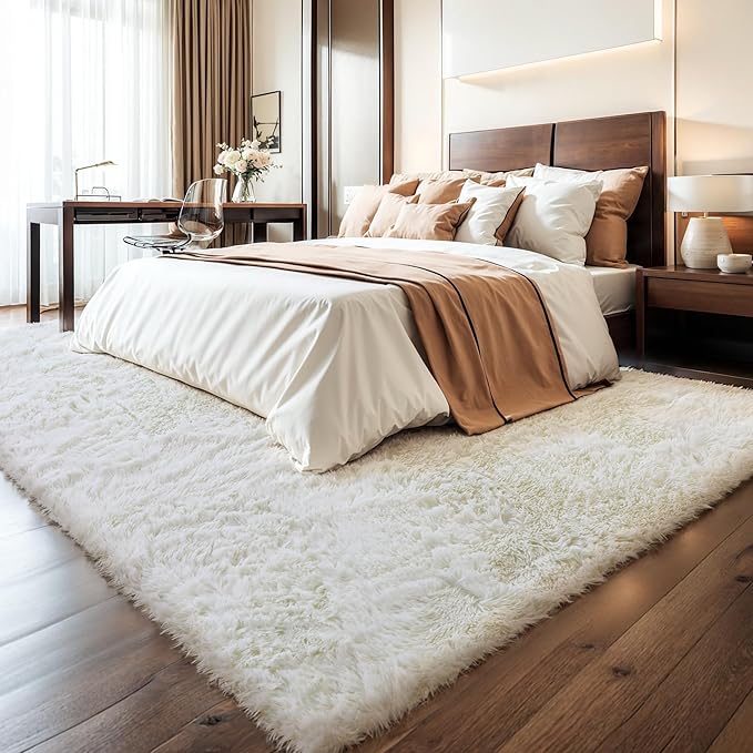 KICHOWUA Thick Area Rug 5x8 Cream White Fluffy Shag for Bedroom, Washable Fuzzy Rug for Living Room, Modern Soft Shaggy Furry Plush Thickened Carpet for Kids Boys Girls Dorm Room Nursery, Ivory
