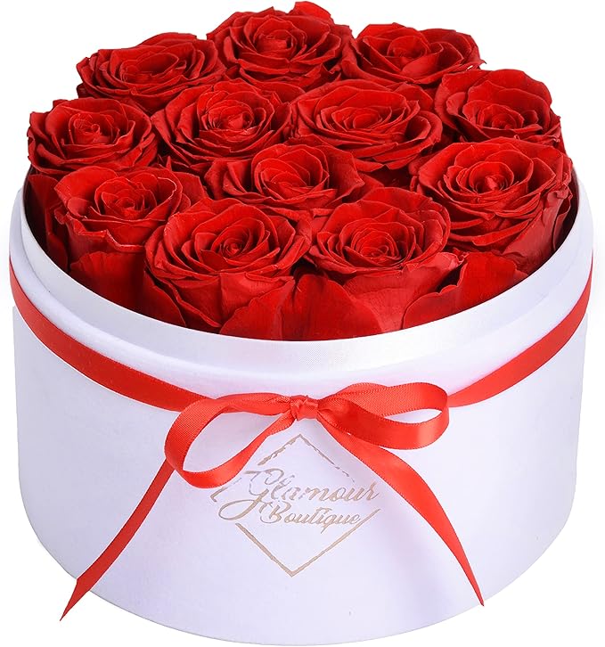 GLAMOUR BOUTIQUE Flowers Forever Gift Box, 12 Real Preserved Roses in Velvet Box, Floral Gift for Her, Mom or Wife for Birthday, Mother’s Day, Anniversary or Graduation, Red (Color-Treated)