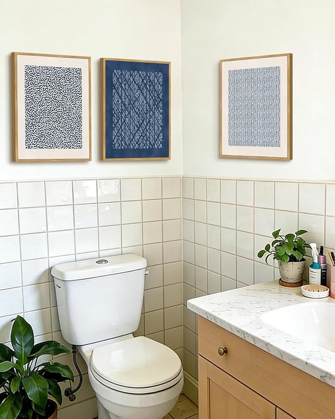 PHOPAGO Neutral Abstract Framed Wall Art Bohemain Blue Mid-Century Wall Decor Modern Blue Mid-Century Geometric Art Paints for Kitchen Dining Room - 11x14in Natural Framed