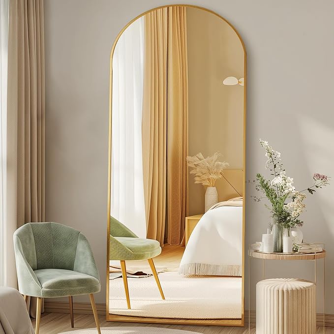 DUMOS 64"x21" Arched Full Length Mirror with Stand Floor Free Standing Aluminum Frame for Bedroom Body Hanging Leaning Modern Simple Home Decor Shatter-proorf Nano Glass Wall, Gold-Rounded