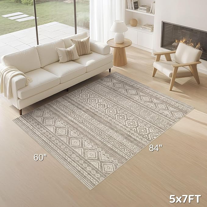 cotiled 5x7 Area Rug Living Room: Washable Boho Rugs with Non Slip Backing Large Soft Indoor Stain Resistant Carpet for Bedroom Farmhouse Dining Room Lightweight Home Decor Coffee Brown