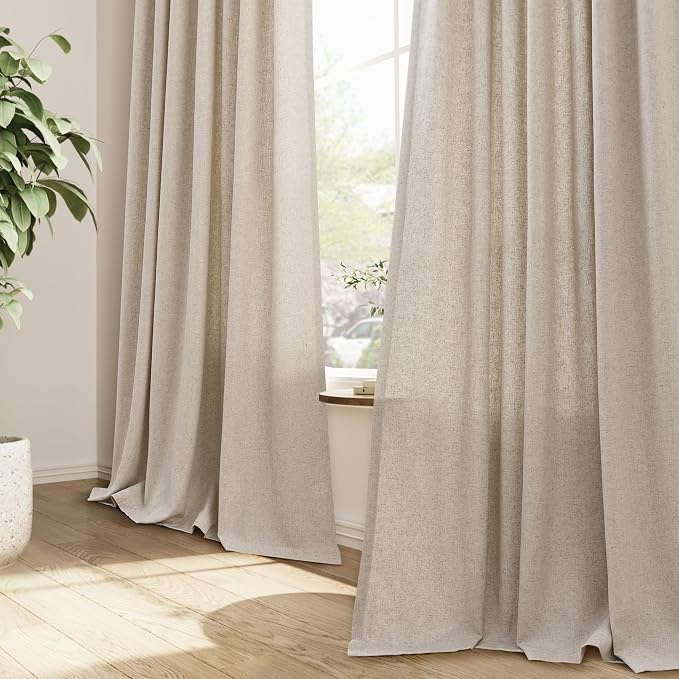 Oatmeal Beige Pinch Pleated Linen Curtains 108 Inch Length 2 Panels for Living Room Bedroom Elegant Farmhouse Country Privacy Light Filtering Semi Sheer Back Tab Drapes with Hooks for Nursery 40x108