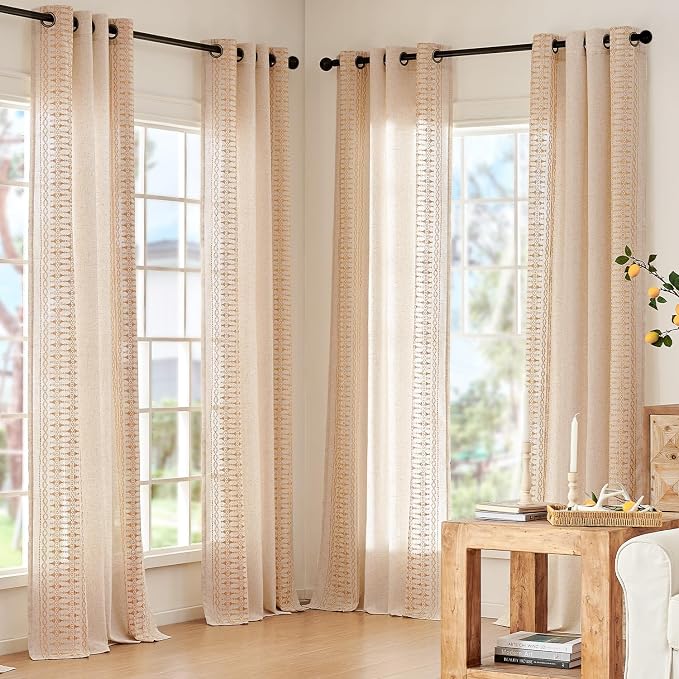 jinchan Boho Curtains Embroidered Linen Blend Window Curtains for Bedroom, Drapes 84 Inch Length 2 Panels Set, Geometry Grommet Bohemian Window Treatments Set for Living Room Gold on Beige