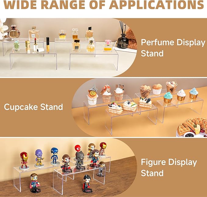 Aminigram 4 Pack Large Acrylic Risers Display Stands, Perfume Organizer Stand, Clear Acrylic Shelf for Show Decor Display, Toys, Cupcake and More(12.4 x 4 x 4.6 inches)