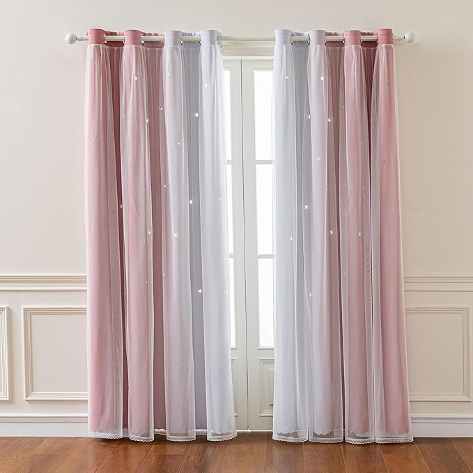 FANLI 72 Length Star Blackout Curtains for Kid Girls Bedroom Ombre Rainbow Darking Double Layer Star Cut Out Wall Home Decor Gradient Grommet Window Curtains (Pink White72L)