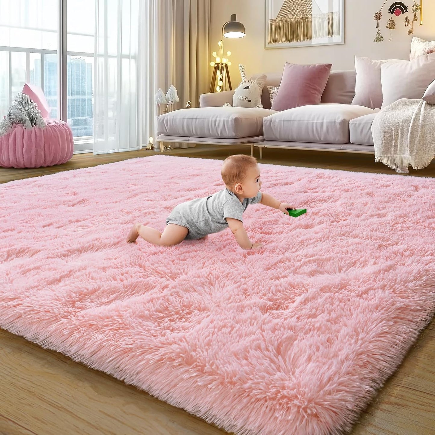 Ultra Soft Pink Rugs for Bedroom 8x10 Feet, Fluffy Shag Area Rugs for Living Room, Large Comfy Furry Rug for Girls Kids Baby Room Decor Teenage Pastel Princess Rug, Non Slip。