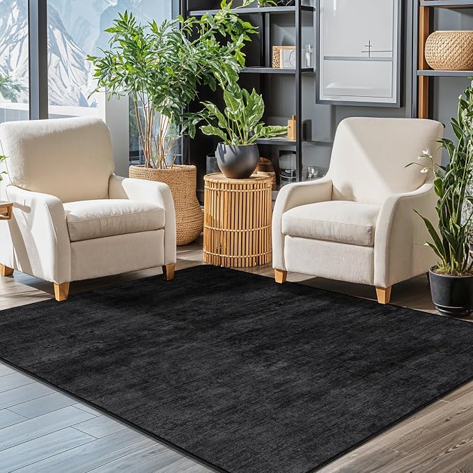 3x5 Washable Area Rug, Black Solid Area Rugs for Living Room & Bedroom | Stain-resistant & Non-slip backing,Low Pile Washable Large Carpet, Solid Vintage Style For High Traffic Areas(3x5,Black)