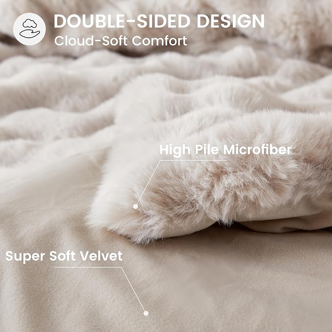 Simple&Opulence Fluffy Faux Fur Comforter Set, Plush Fuzzy Minky Bedding Set, 3 Pieces Warm Soft Comforter Bedding Set for Winter - 1 Shaggy Comforter with 2 Pillow Shams(Queen, Oatmeal)
