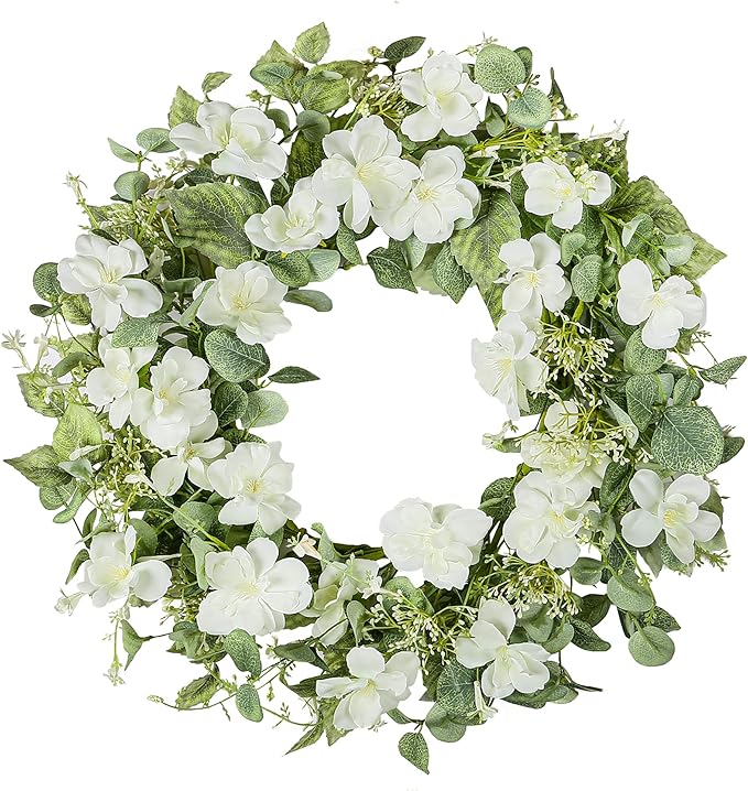 YNYLCHMX 18" Spring Summer Wreaths for Front Door, Artificial Floral Wreath with White Rose Flowers Green Eucalyptus Leaves, Green Foliage Wreath for Wall Window Farmhouse Party Holiday Home Decor