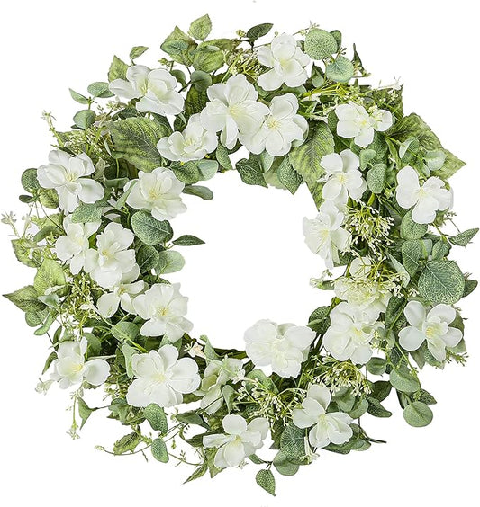 YNYLCHMX 18" Spring Summer Wreaths for Front Door, Artificial Floral Wreath with White Rose Flowers Green Eucalyptus Leaves, Green Foliage Wreath for Wall Window Farmhouse Party Holiday Home Decor