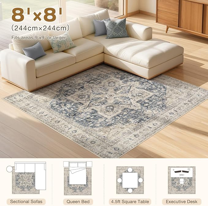 Tortania 8' Square Area Rug Living Room Rugs - Washable Boho Rug Vintage Oriental Distressed Farmhouse Large Thin Indoor Carpet for Bedroom Under Dining Table Home Office - Cream/Blue