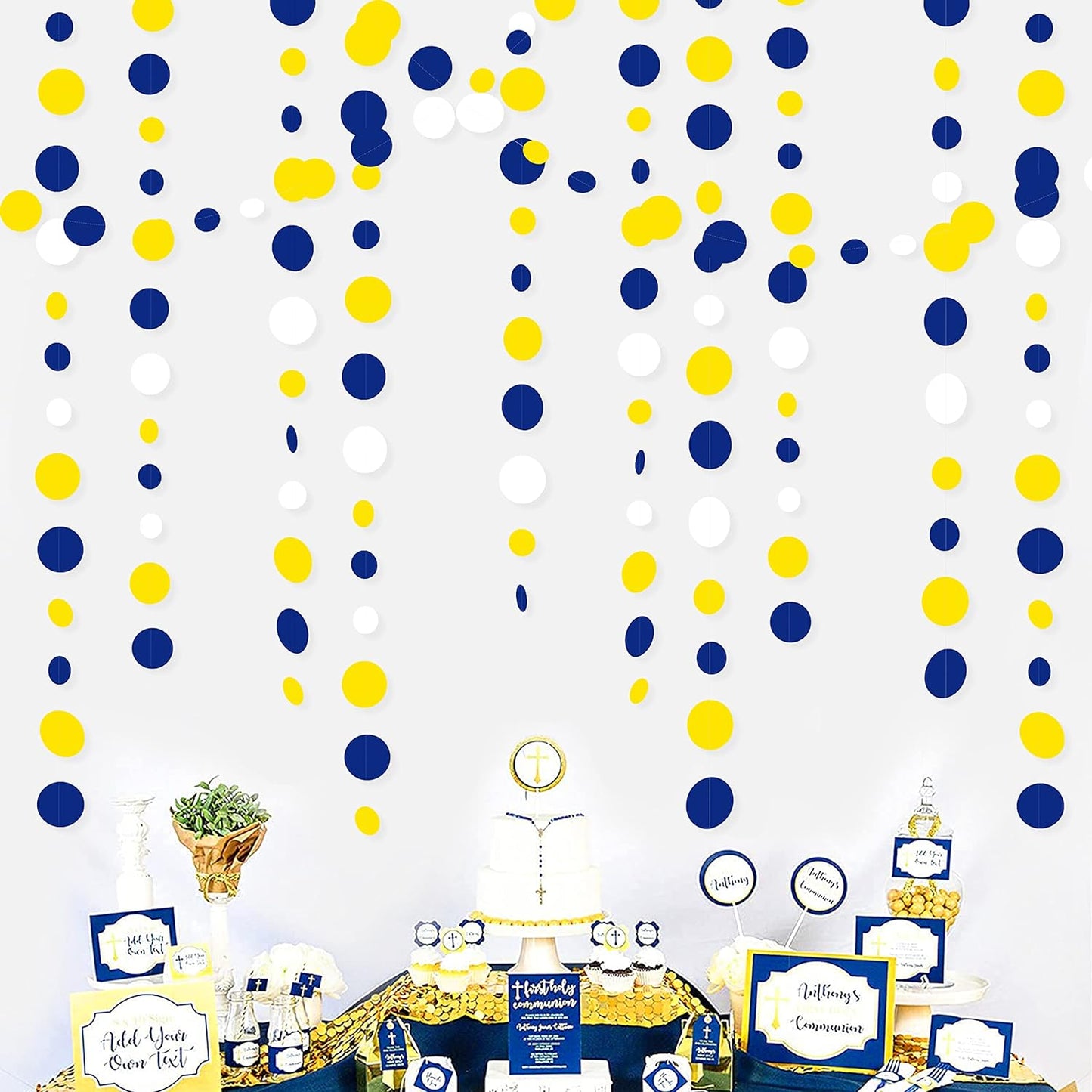 46Ft Navy Blue and Yellow Circle Dots Garland Royal Blue Yellow White Hanging Paper Polka Dot Streamer for Graduation Birthday Wedding Bridal Baby Shower Nautical Ahoy Achor Party Decorations Supplies