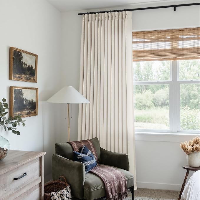 Natural Pinch Pleated Semi Sheer Curtains 120 Inches Long 2 Panels Set for Living Room Bedroom, Memory Shape Pinch Pleat Thick Flax Linen Textured Light Filtering Privacy Extra Long Window Curtains