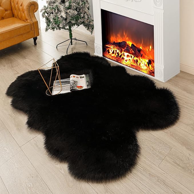 Faux Fur Rug Black Sheepskin Area Rug,Ultra Soft Shaggy Plush Rug Bedroom Living Room Sofa Floor Kids Room Bedside（4 x 6 ft Sheepskin）