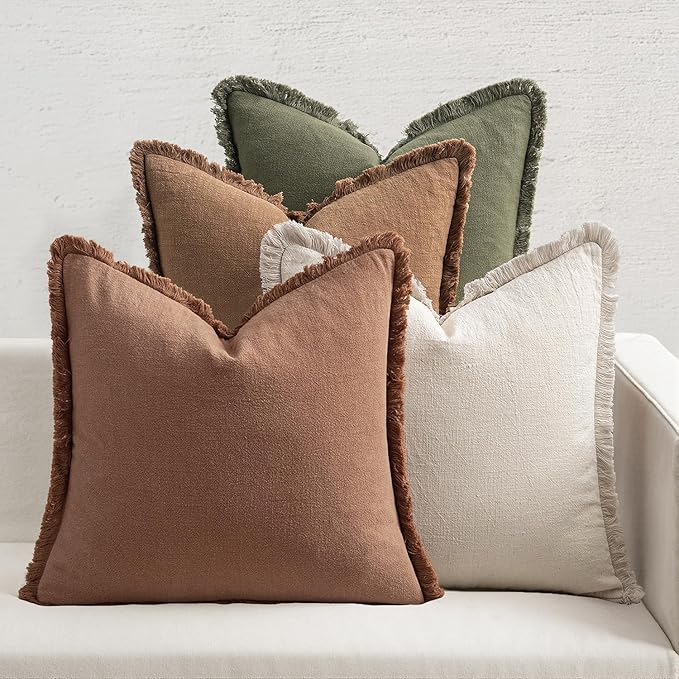 MIULEE Decorative Couch Pillow Covers Neutral Linen Fringe Throw Pillows Set of 4 Soft Rustic Cushions Boho Farmhouse Pillowcases for Bed Sofa Living Room Spring Decor 24x24 Inch Beige/Brown/Green