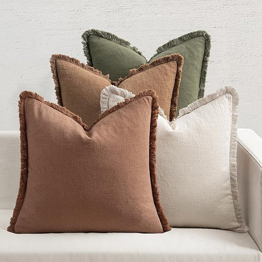 MIULEE Decorative Couch Pillow Covers Neutral Linen Fringe Throw Pillows Set of 4 Soft Rustic Cushions Boho Farmhouse Pillowcases for Bed Sofa Living Room Spring Decor 24x24 Inch Beige/Brown/Green