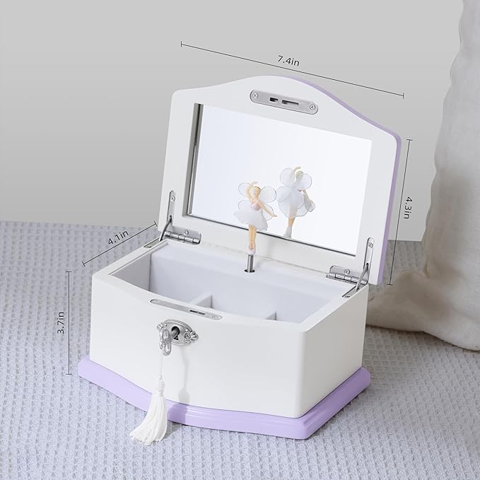 Musical Jewelry Box-Medium Ballerina Musical Chest with Mirror for Girls,Jewelry Storage,Swan Lake Tune, Gift for Christmas,Birthday,New Year and All Holidays- (white/purple)