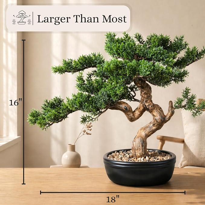 Artificial Bonsai Tree 16" Tall with Realistic Wood and Ceramic Pot, Fake Plants for Home, Bedroom and Office Desk, Japanese Decor