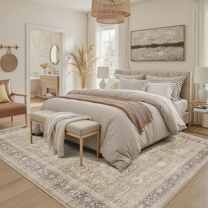DCX Beige and Taupe 5x7 Rug, Kid & Pet Friendly with Rubber Back Non Slip, Machine Washable Stain Resistant Vintage Traditional Distressed Carpet, Rug for Living Room, Bedroom, Neutral Home Decor