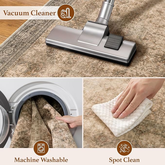 LIANLAM 5x7 Washable Area Rug, Vintage Boho Traditional Pattern, Non-Slip Stain Resistant Rug for Living Room Bedroom(5x7,Brown/Boho)