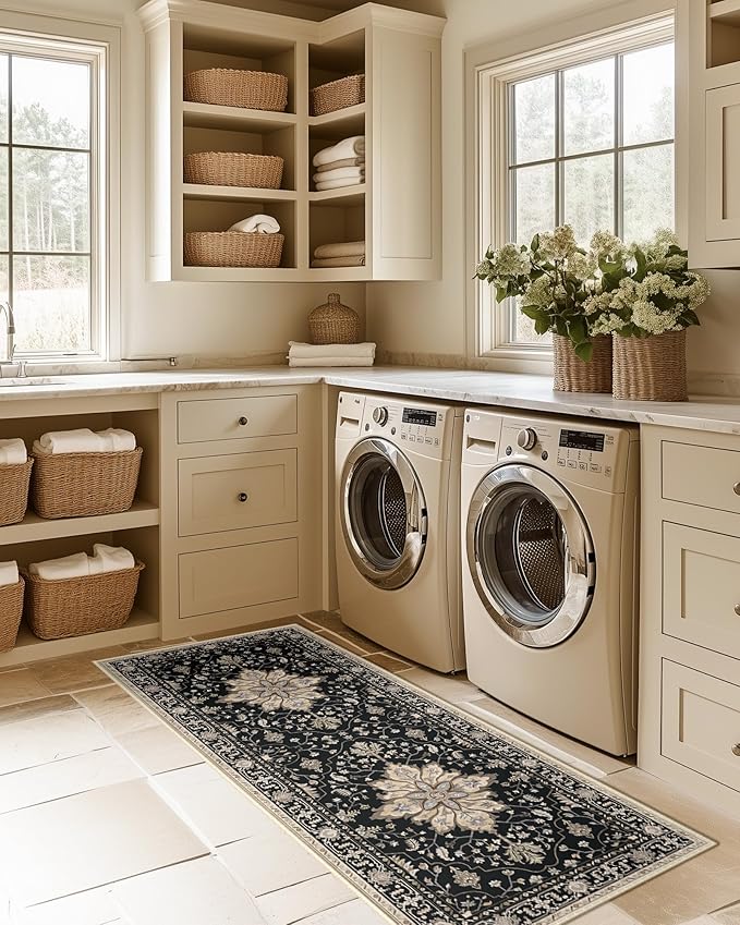 RELEANY Area Rugs 2'x5' Runner Rug Non Slip Washable for Kitchen Hallway Bedroom Beside Laundry Room Bathroom Rug, Floor Carpet, Black Brown Neutral Dark Tan