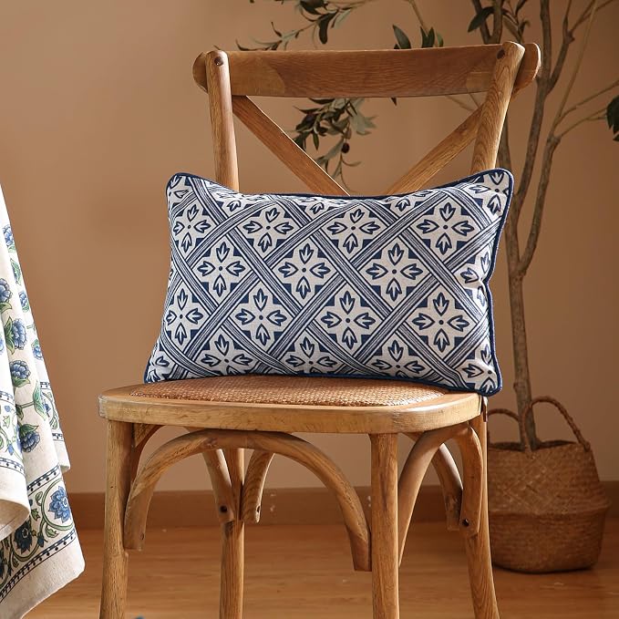 patdrea Designer French Linen Throw Pillow Cover,12"x20",Set of 2-Ivar C | Decorative Pillow Case,Chinoiserie Blue Floral Print Pillow Cover for Couch Living Room Bedroom Sofa