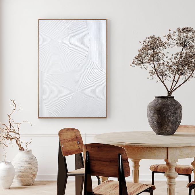 Zessonic Framed Abstract Wall Art for Living-room - Large White Geometric Line Spiral Abstract Hand-painting Artwork Minimalism Contemporary Nordic Boho Decorative for Living Room, Bedroom - 28"x 40"