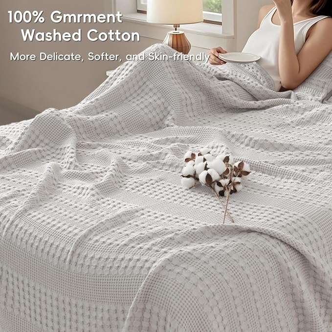 PHF 100% Cotton Waffle Blanket Twin Size for College Dorm, Lightweight Breathable and Soft for Summer, Luxury Aesthetic Waffle Weave Blanket for Bed & Gifts for Women, 66"x90", Light Grey