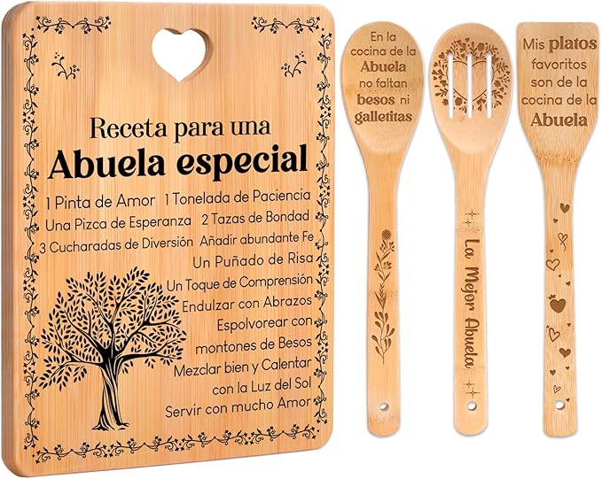 Regalos de cumpleaños para Abuela - "Receta para una Abuela especial". Juego de tablas de cortar y utensilios de bambú grabados. Regalos de cumpleaños para Abuela. Spanish Grandma Cutting Board