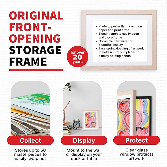 Dynamic Frames Li’l Davinci Art Cabinet, Stores up to 50 Pieces of 9x12 inch Art, Outer Wooden Frame 11.75 x 14.75 inches, Kids Art Frame, Front Opening, Universal Hanging, Natural