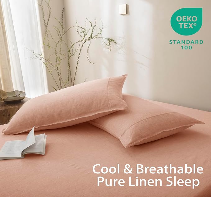 Talasily 100% French Linen Pillow Case King Size Set of 2,Oeko-TEX Certified Stone Washed Flax Pillow Shams with Envelope Closure - Breathable & Cooling for Hot Sleepers（Pink,20''x36''）