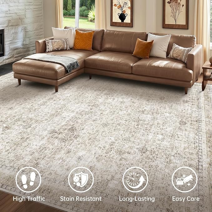 Sasttie 5x7 Area Rugs, Ultra-Soft Washable Rug, Low Pile Foldable Thin Carpets with Non-Slip Backing, Skin-Friendly Stain Resistant Carpet for Living Room, Bedroom, Kitchen, Dorm, 5x7, Beige